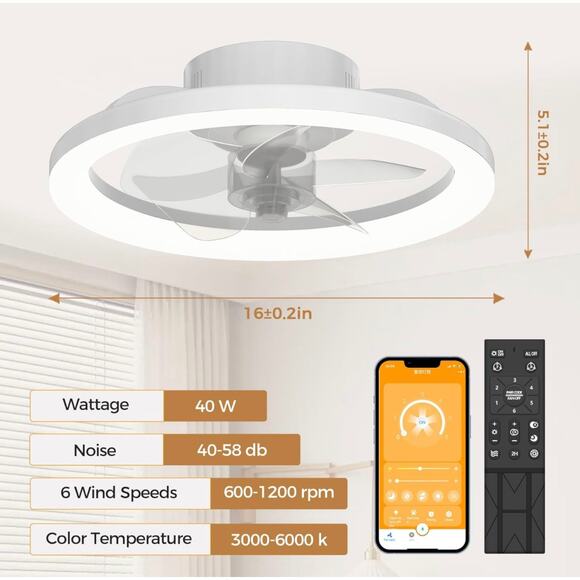 16’’ White Bladeless Ceiling Fan w/ Light & Remote, Flush Mount for Bedroom - Picture 9 of 9
